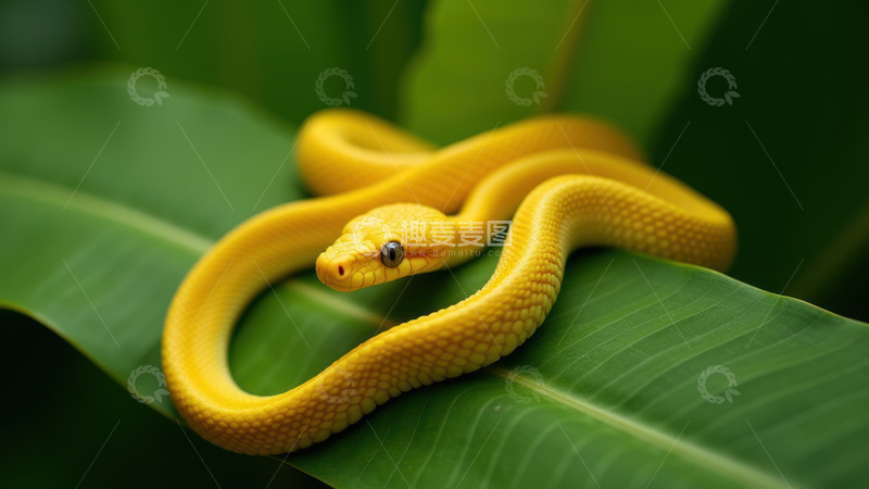 高清大图下载【趣麦麦图】黄色盘绕在绿叶上的蛇
