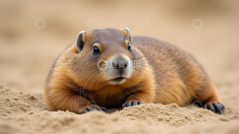 高清大图下载【趣麦麦图】沙地上趴卧的土拨鼠