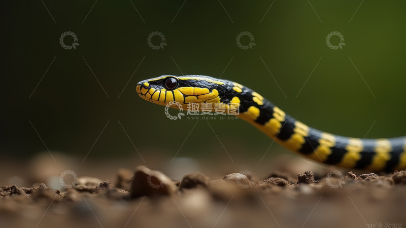 高清大图下载【趣麦麦图】黄黑条纹蛇的头部特写
