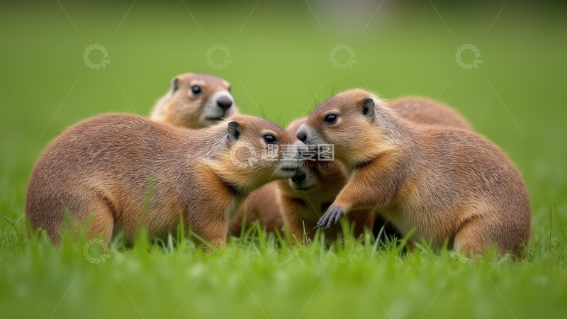 高清大图下载【趣麦麦图】草地上互动的土拨鼠群