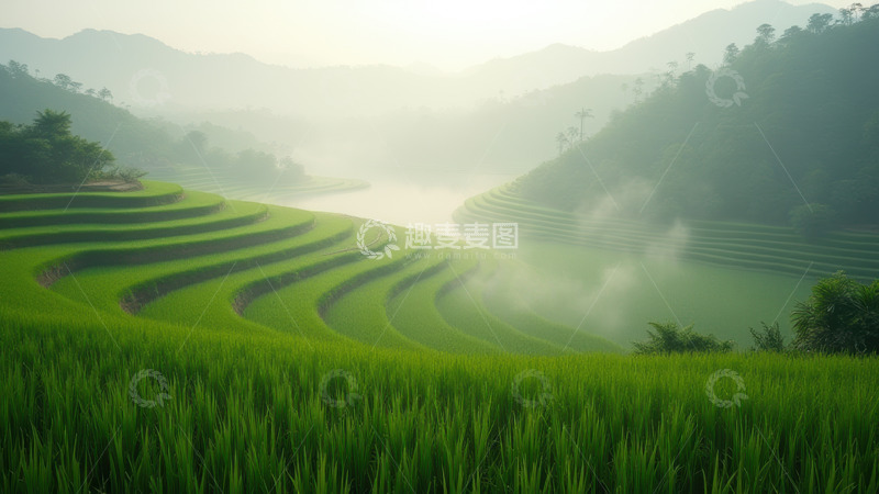 高清大图下载【趣麦麦图】晨雾中的梯田静谧风光
