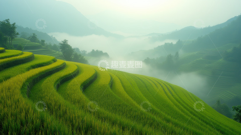 高清大图下载【趣麦麦图】晨雾缭绕的绿色梯田景致