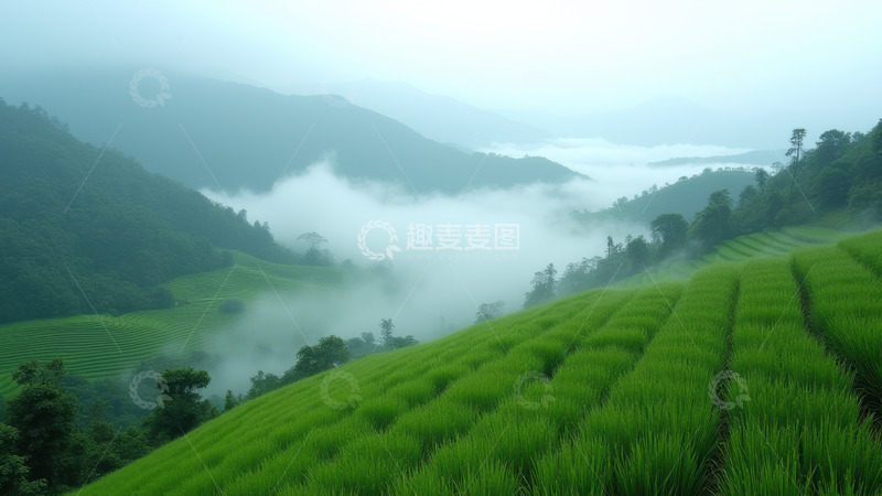 高清大图下载【趣麦麦图】云雾缭绕的绿色梯田景观
