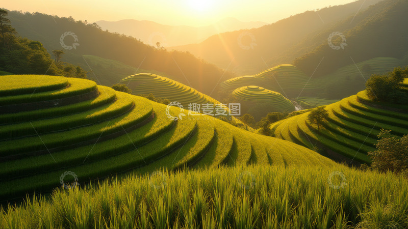 高清大图下载【趣麦麦图】夕阳下金色光辉的梯田