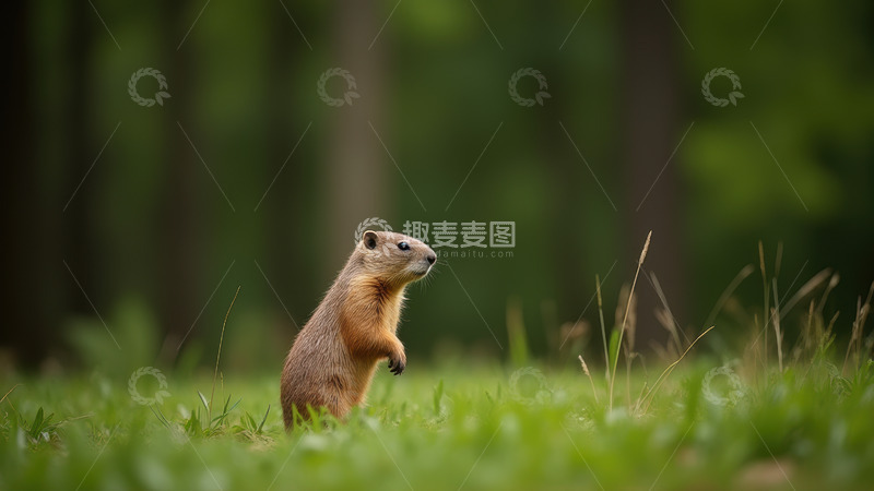 高清大图下载【趣麦麦图】草地上站立瞭望的土拨鼠