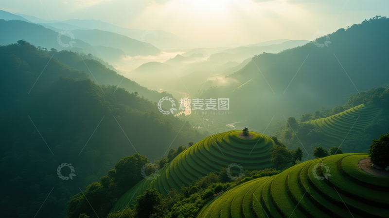 高清大图下载【趣麦麦图】山谷间晨雾弥漫的梯田