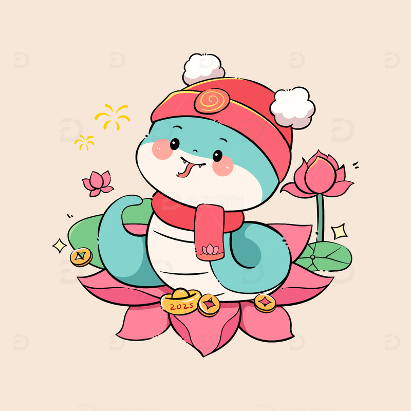 蛇年可爱卡通手绘插画5