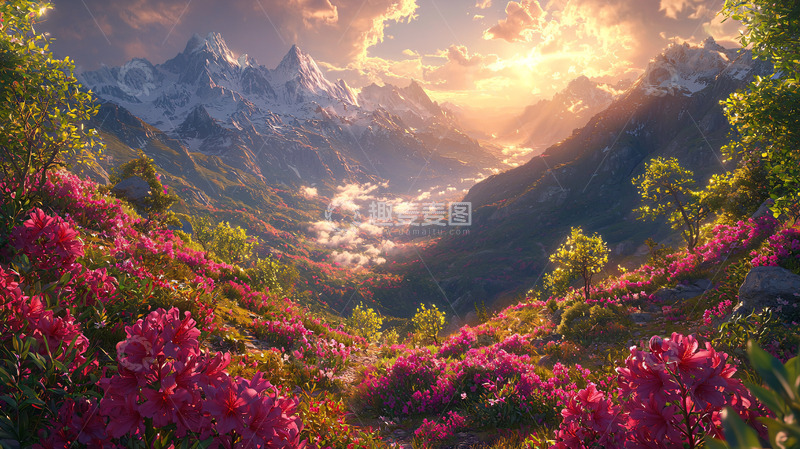 高清大图下载【趣麦麦图】山峰杜鹃花日出景色