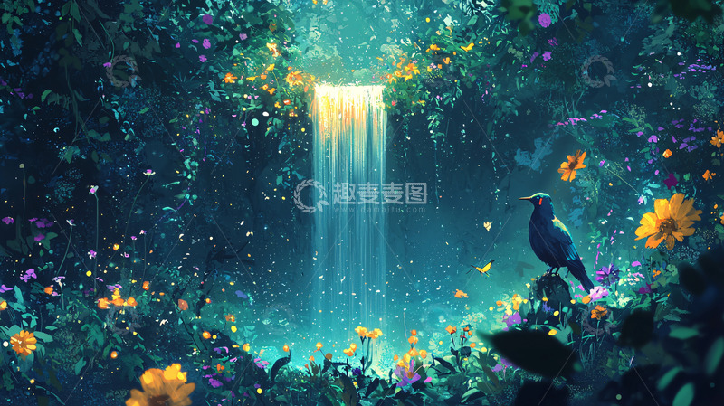 高清大图下载【趣麦麦图】梦幻森林瀑布