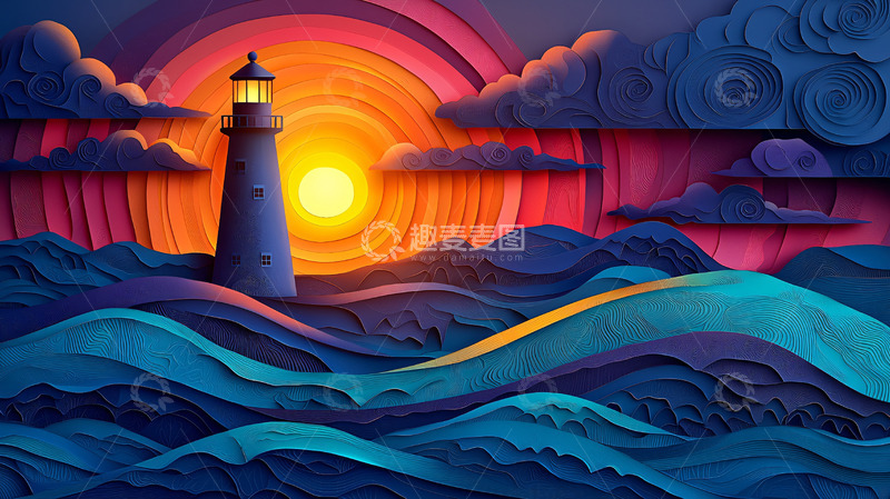 高清大图下载【趣麦麦图】灯塔日落剪纸风格海景图