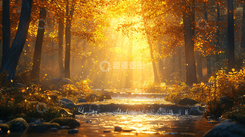 高清大图下载【趣麦麦图】秋日森林小溪阳光