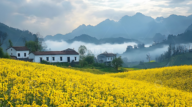 高清大图下载【趣麦麦图】村庄山间云雾缭绕的油菜花田