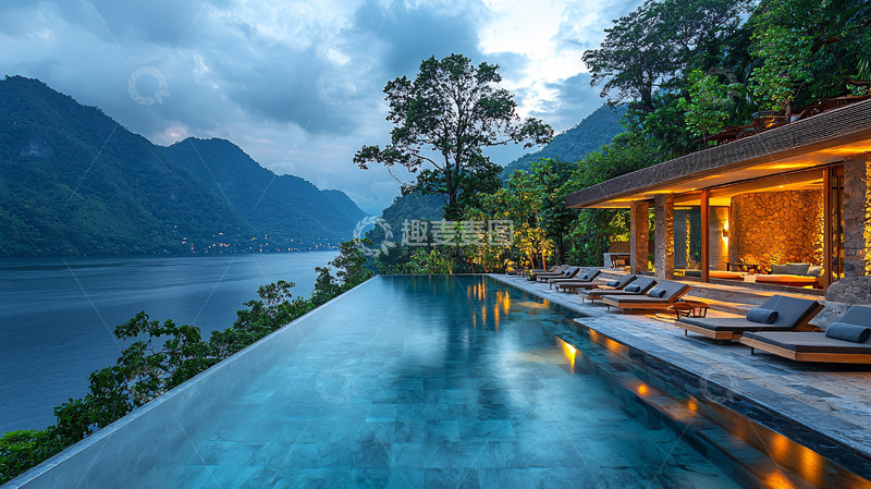高清大图下载【趣麦麦图】湖景无边泳池别墅