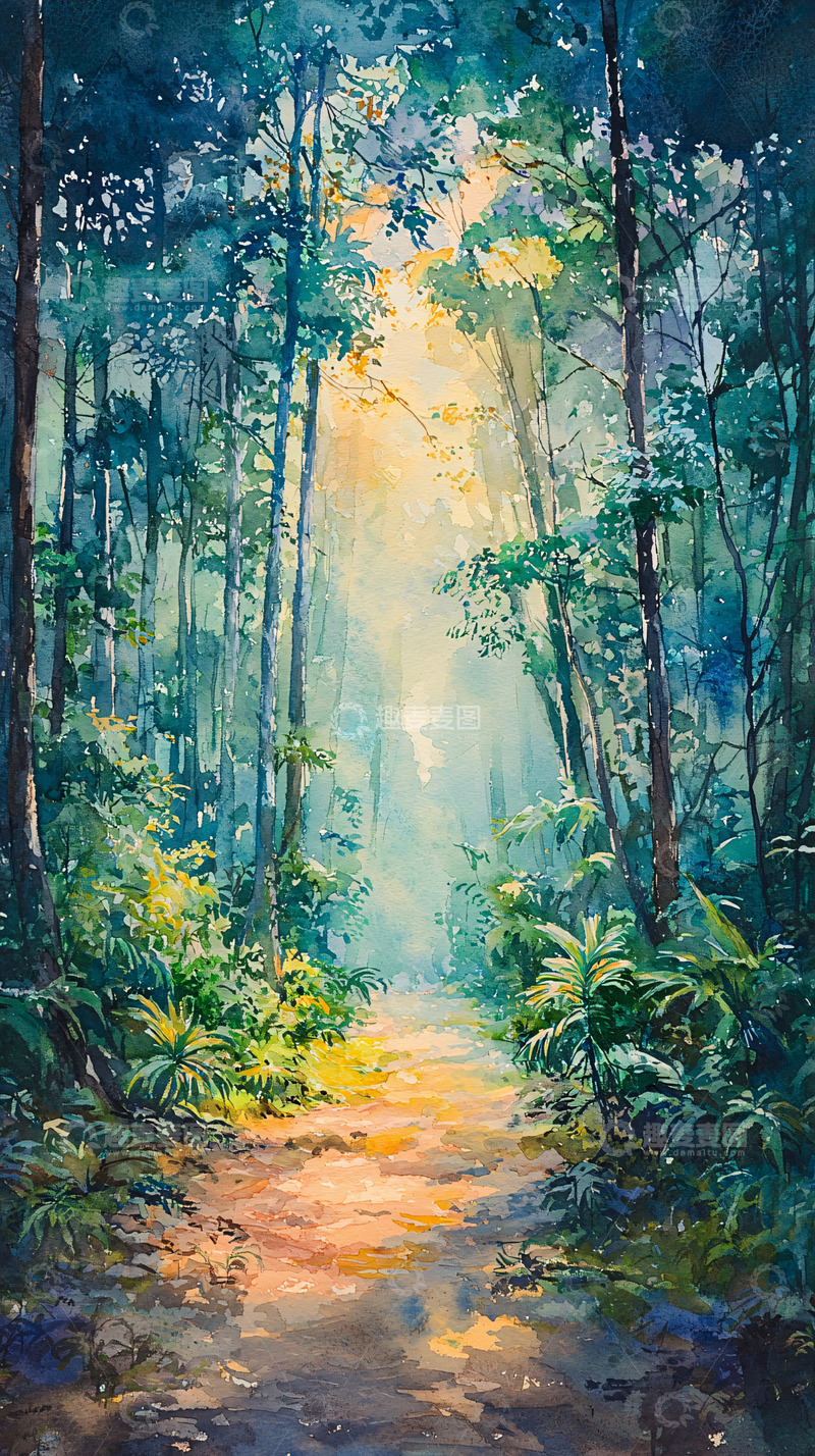 高清大图下载【趣麦麦图】水彩森林小路
