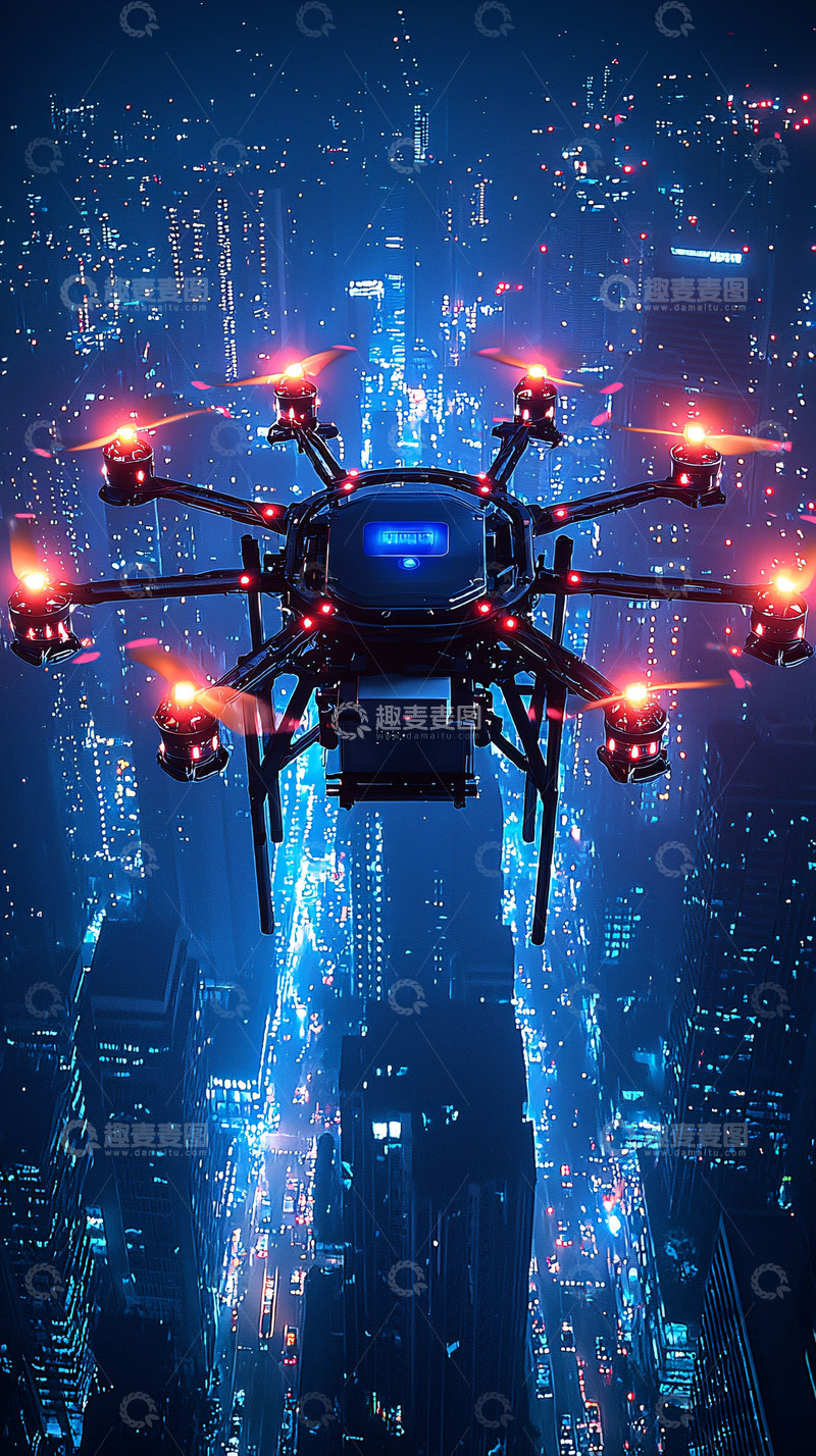 高清大图下载【趣麦麦图】-夜空中飞行的多旋翼无人机