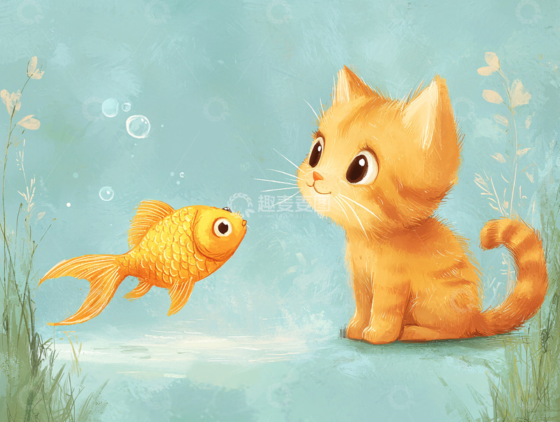 高清大图下载【趣麦麦图】小猫凝视金鱼