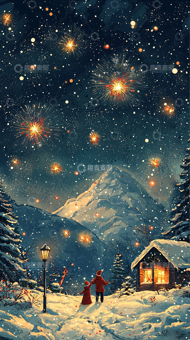高清大图下载【趣麦麦图】冬日雪夜的浪漫小屋