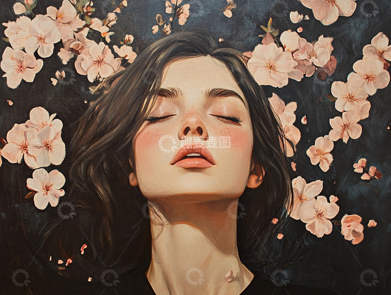高清大图下载【趣麦麦图】闭眼女孩樱花雨