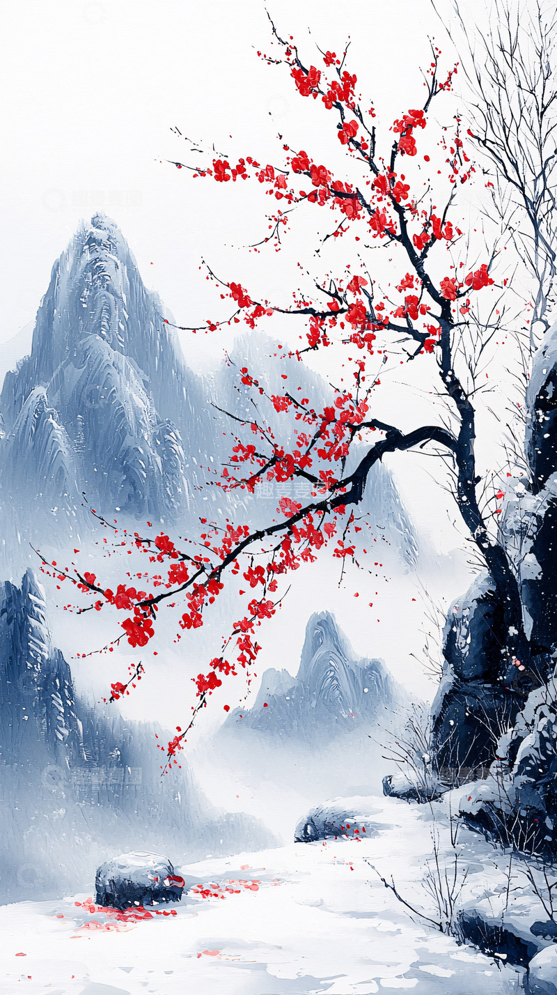 高清大图下载【趣麦麦图】雪山红梅水墨意境