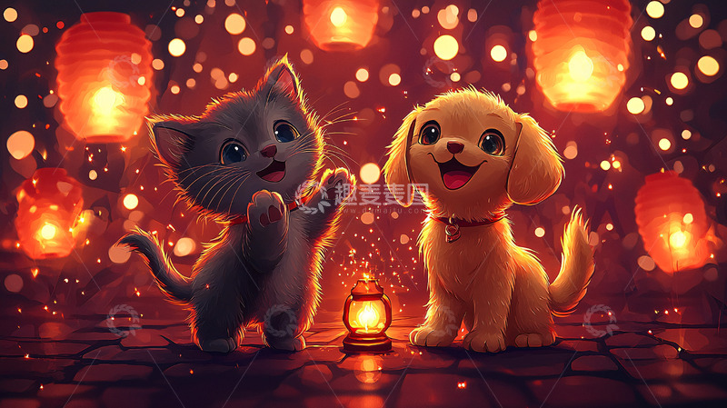 高清大图下载【趣麦麦图】小猫小狗灯笼夜景