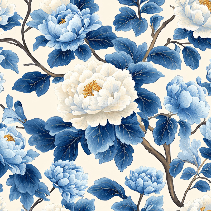 高清大图下载【趣麦麦图】蓝白牡丹花纹背景墙
