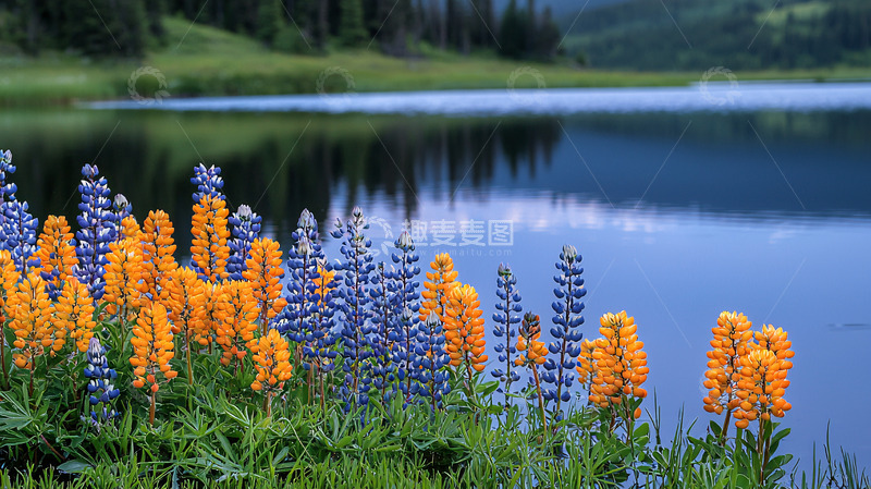 高清大图下载【趣麦麦图】湖边盛开的蓝色和橙色羽扇豆