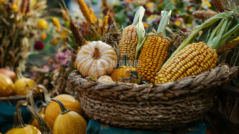 高清大图下载【趣麦麦图】秋收季节的南瓜玉米收获篮
