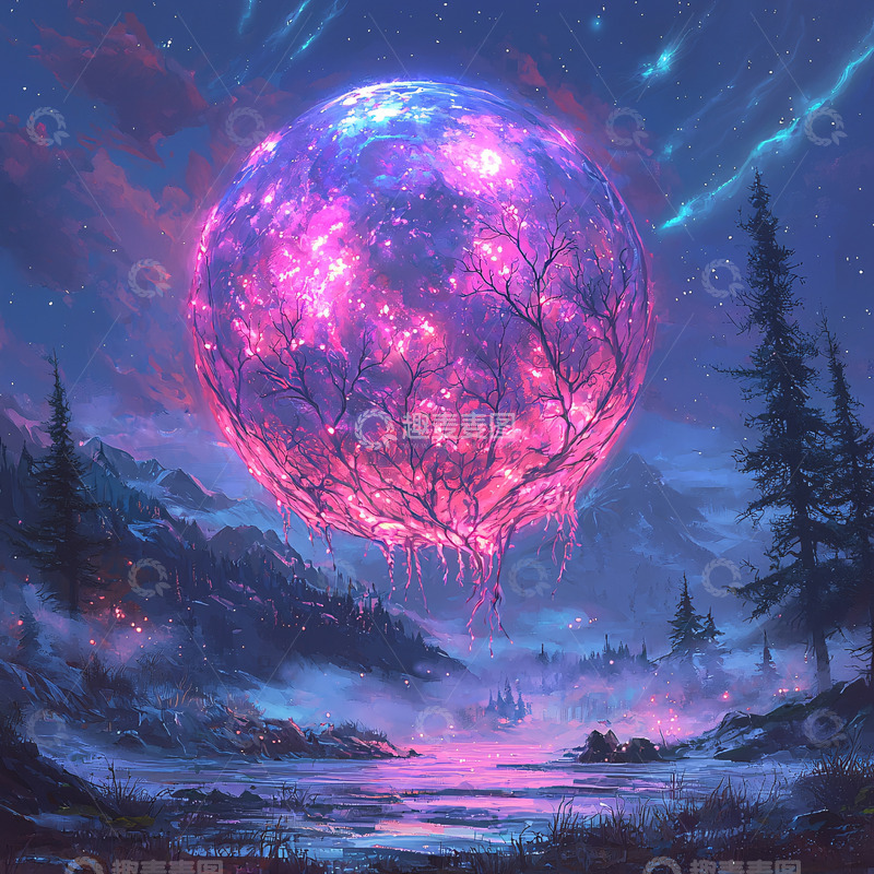 高清大图下载【趣麦麦图】奇幻星空中的紫色星球