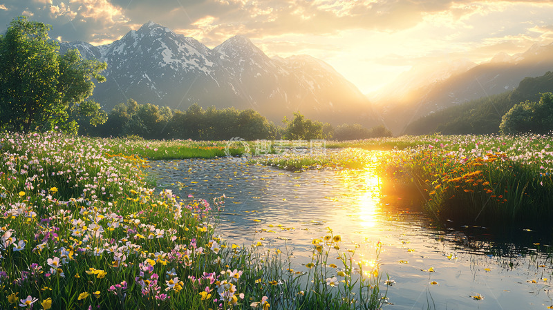 高清大图下载【趣麦麦图】日落山川花海河流