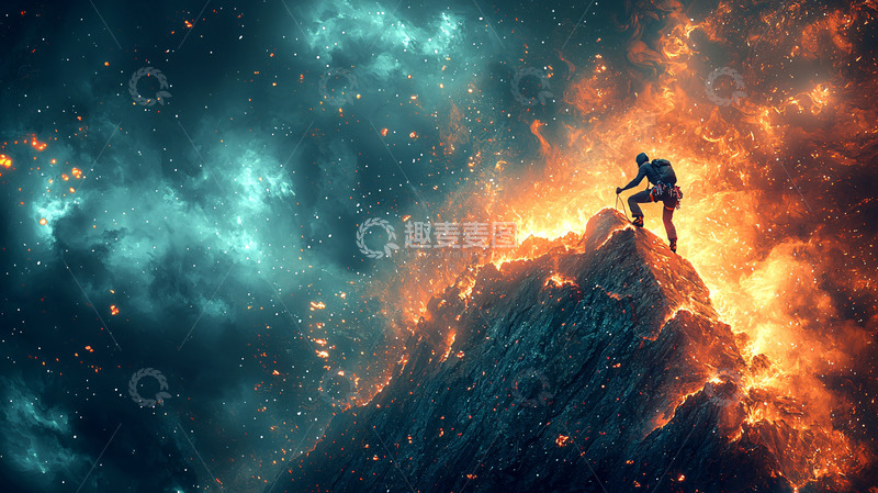 高清大图下载【趣麦麦图】火焰山峰上的孤独身影