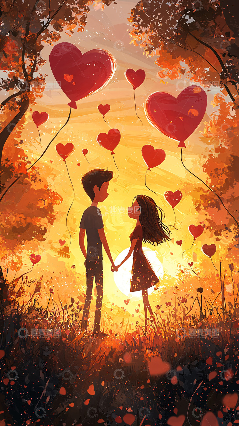 高清大图下载【趣麦麦图】日落情侣爱心气球