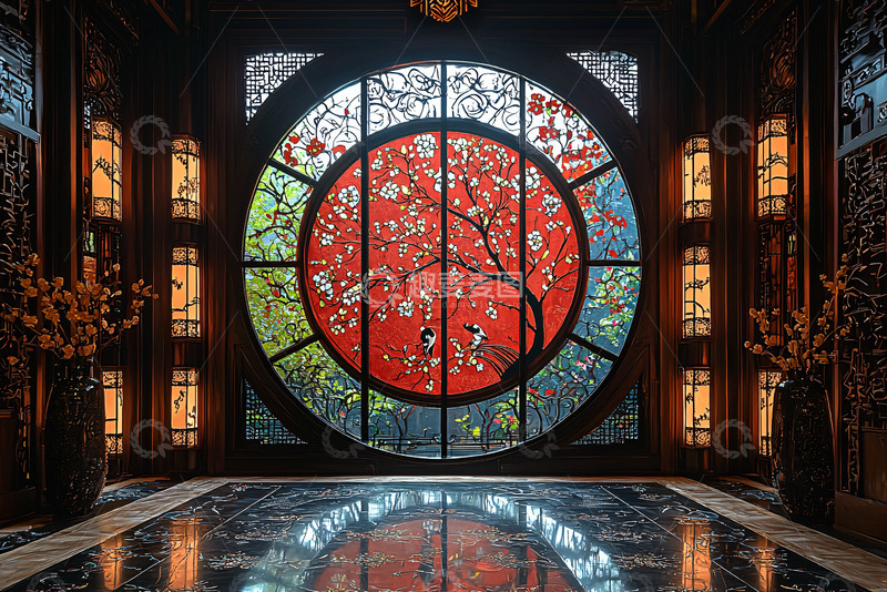 高清大图下载【趣麦麦图】中式圆形彩色玻璃窗