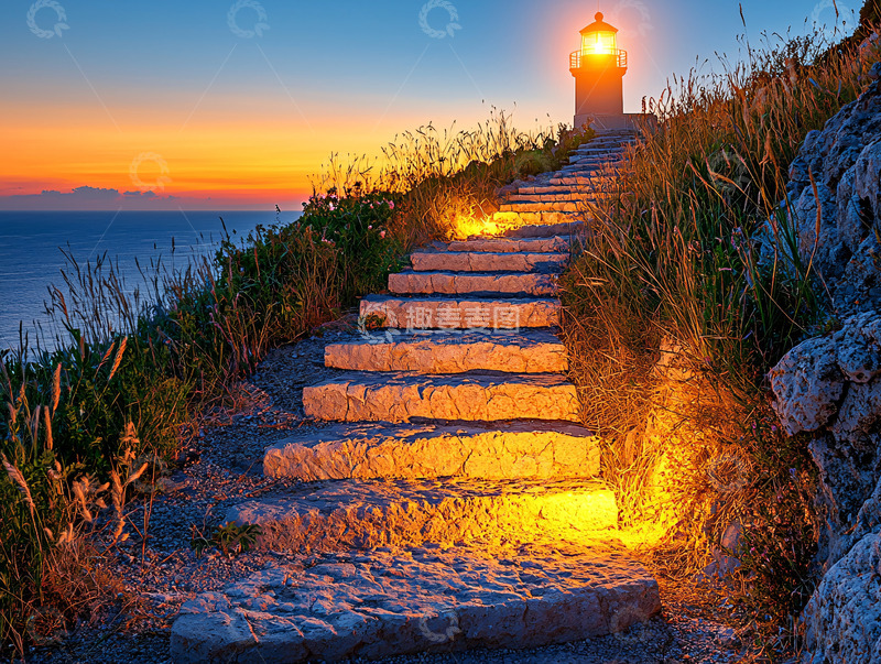 高清大图下载【趣麦麦图】傍晚海边灯塔石阶