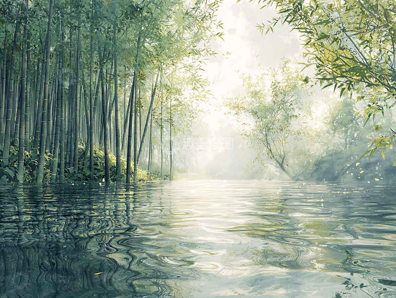高清大图下载【趣麦麦图】竹林倒影在水面上的宁静
