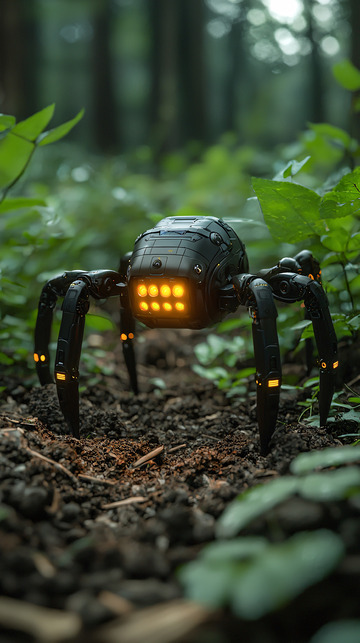 森林中黑色蜘蛛机器人