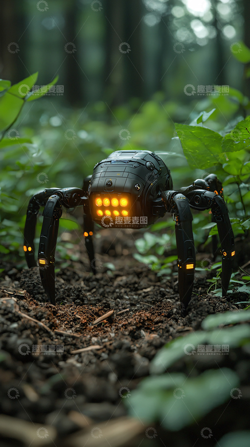 高清大图下载【趣麦麦图】森林中黑色蜘蛛机器人