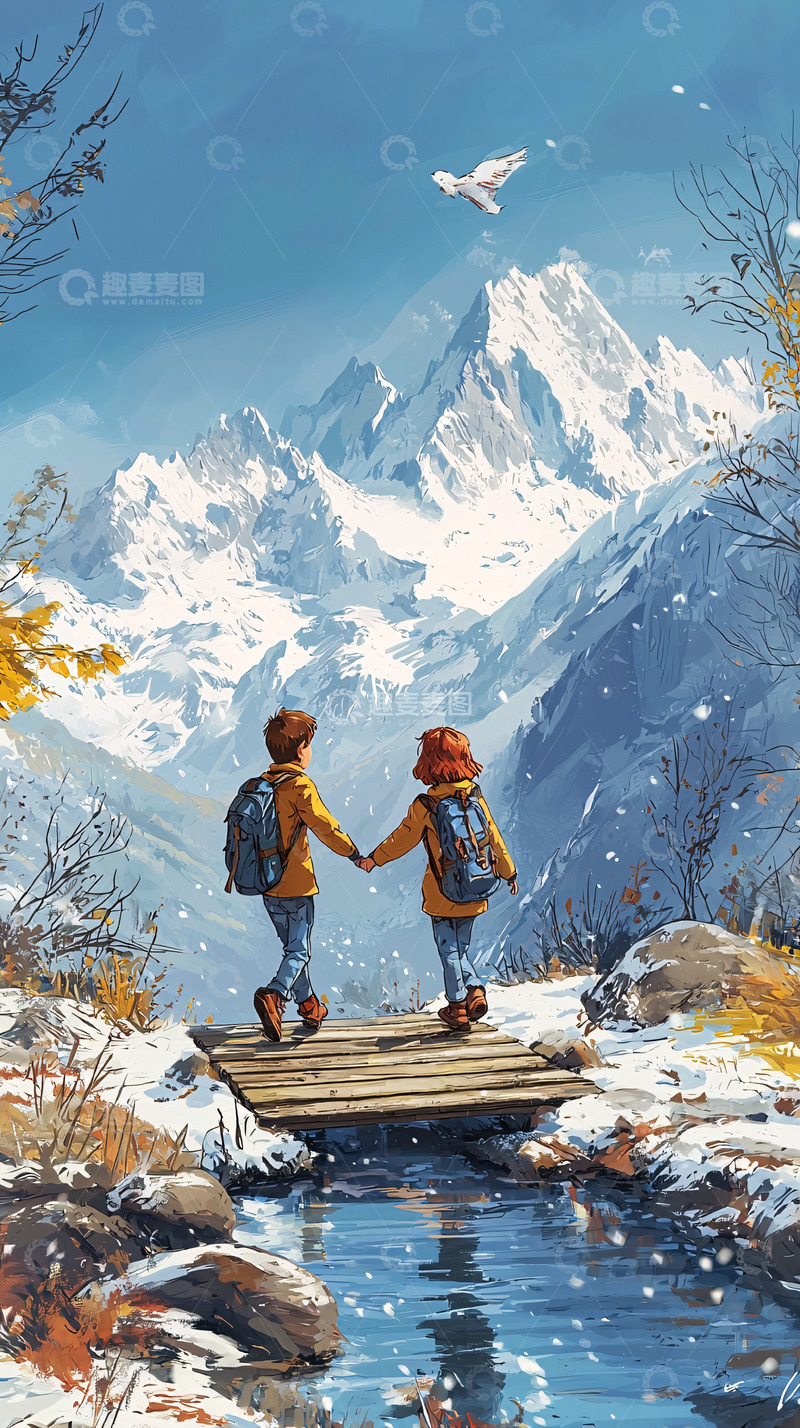 高清大图下载【趣麦麦图】雪山情侣牵手远眺