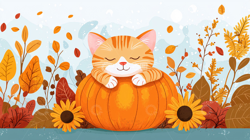 高清大图下载【趣麦麦图】秋天猫咪南瓜