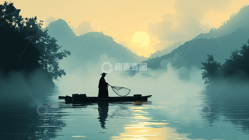 高清大图下载【趣麦麦图】清晨渔夫泛舟山水间