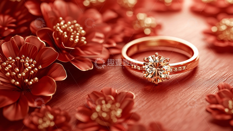 红玫瑰花环绕的钻戒