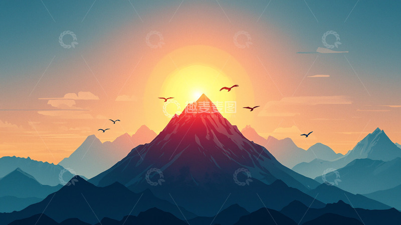 高清大图下载【趣麦麦图】日出山峰飞鸟剪影