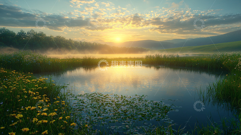 高清大图下载【趣麦麦图】清晨雾气湖泊日出