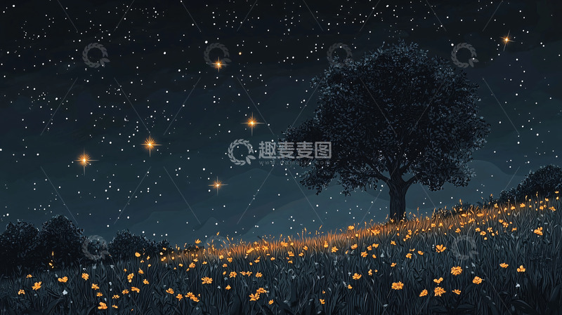 高清大图下载【趣麦麦图】星空下的树与萤火