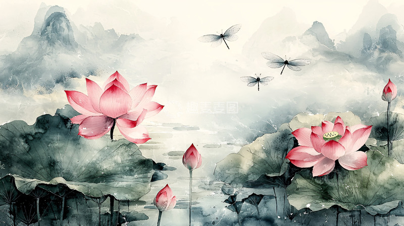 高清大图下载【趣麦麦图】水墨风荷花蜻蜓山水背景图