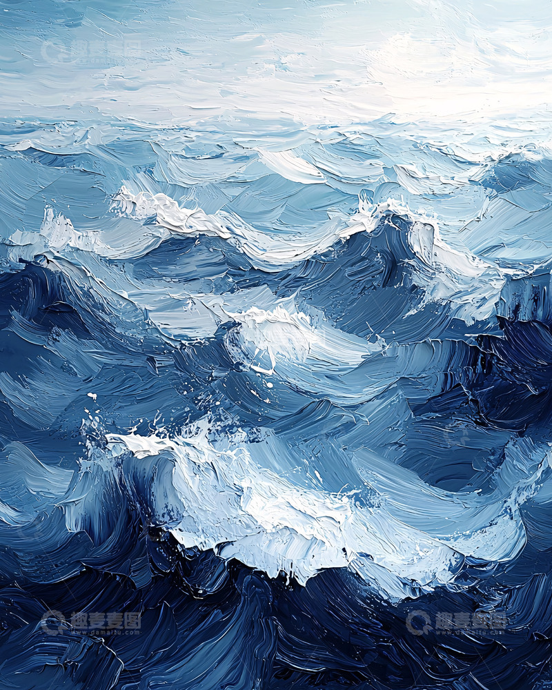 高清大图下载【趣麦麦图】油画风格蓝色海洋波浪