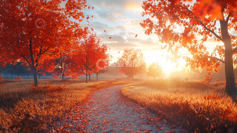 高清大图下载【趣麦麦图】秋日暖阳下的红叶小路
