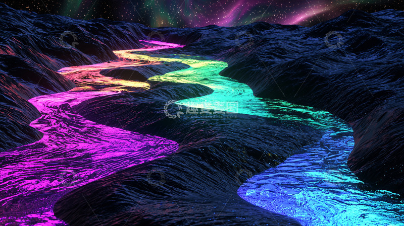 高清大图下载【趣麦麦图】极光下的彩虹河流
