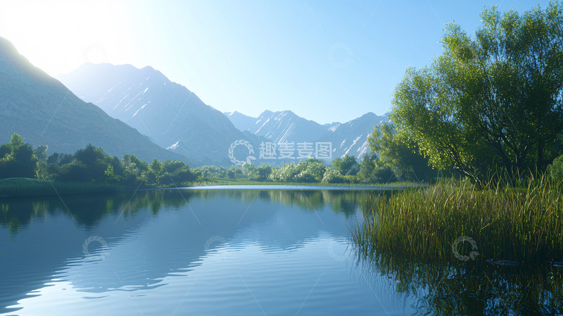 高清大图下载【趣麦麦图】清晨湖泊山峦倒影