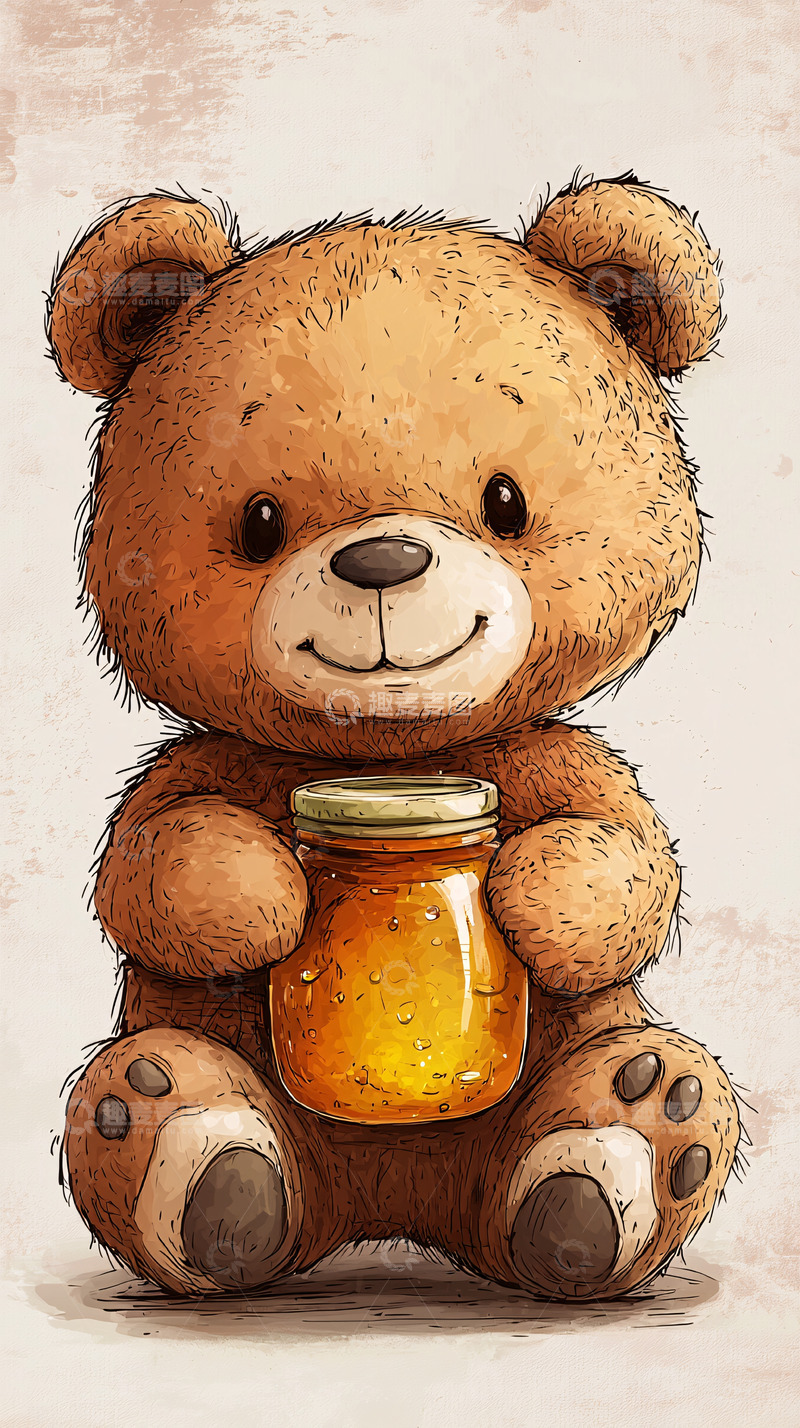 高清大图下载【趣麦麦图】可爱泰迪熊抱着蜂蜜罐