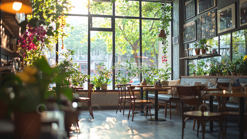 高清大图下载【趣麦麦图】阳光洒进绿植环绕的咖啡店